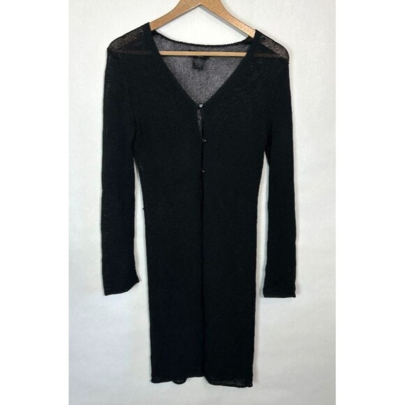 VTG 90s Y2K Sheer Knit Cardigan M Black 3 Button Open Goth Duster Grunge Crochet - Picture 2 of 6